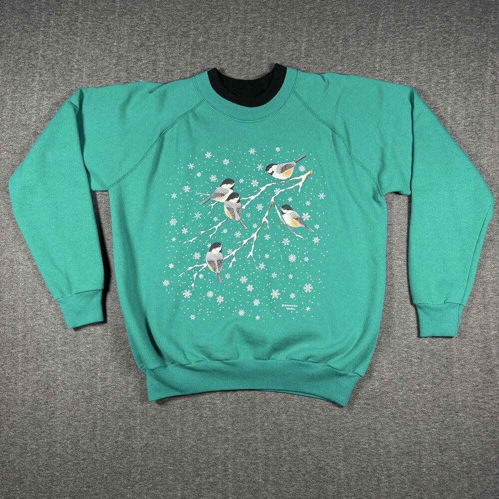 Vintage 90s Morning Sun Chickadee Birds Snow Sweatshirt Teal Crewneck USA